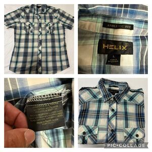 Helix Men's Casual Button Shirt Blue Black & White Plaid Large Double Pocket